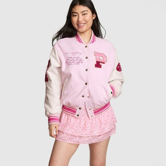 VS PINK x LoveShackFancy Pink and White College Boyfriend Varsity Jacket Size M - Picture 2 of 8
